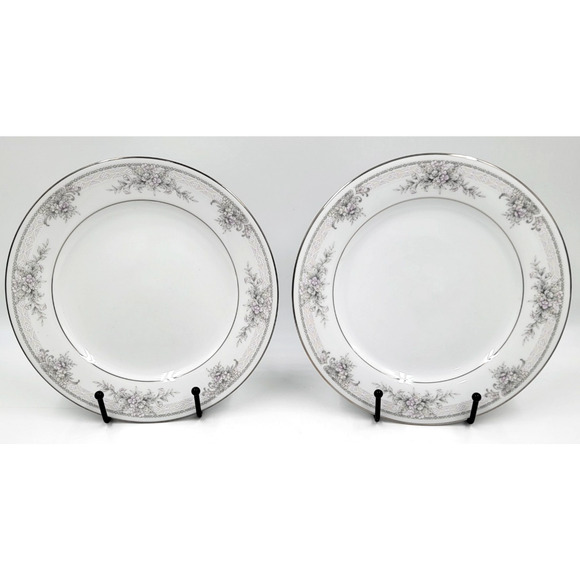 2 Noritake Sweet Leilani 3482 Salad Plates 8 3/8" Gray Pink Roses Platinum Trim - Picture 3 of 8